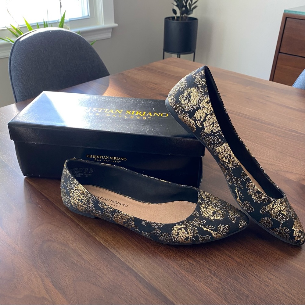 Christian Soriano Ballet Flats | Pointed Toe, Gold Embroidery, Black Size 7.5